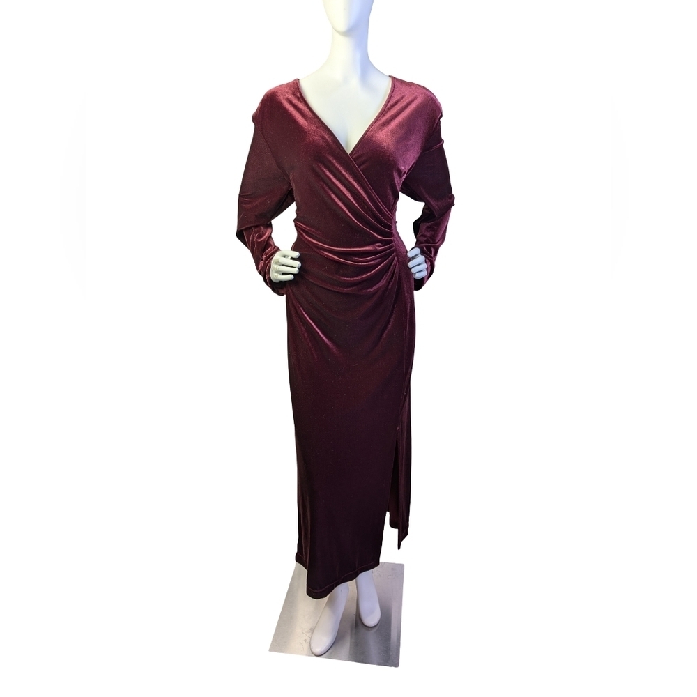 90s Vintage Burgundy Stretch Velvet Wrap Dress Whimsigoth | Size L/XL+ Tradition